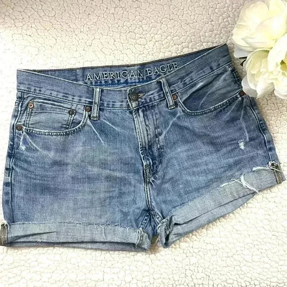 American Eagle Slim Straight Web Cuff Distress Denim Highrise Jean Shorts - Picture 1 of 13